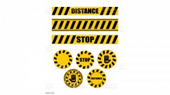 Sticker distance with virus. Keep your distance in line. Stickers for shops and public places. Coronavirus isolation mode. Quarantine from the virus. Pandemic.